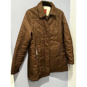 VTG COLE HAAN Brown Quilted Jacket Coat Sz M Satin Birds Lining